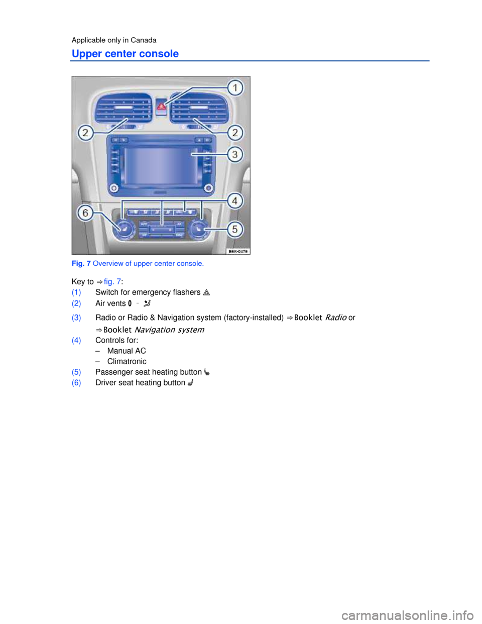 VOLKSWAGEN GOLF 2013 5G / 7.G Owners Manual  
 
Applicable only in Canada 
Upper center console 
 
Fig. 7 Overview of upper center console. 
Key to ⇒ fig. 7: 
(1) Switch for emergency flashers �  
(2) Air vents �/ – �J 
(3) Radio or Radi