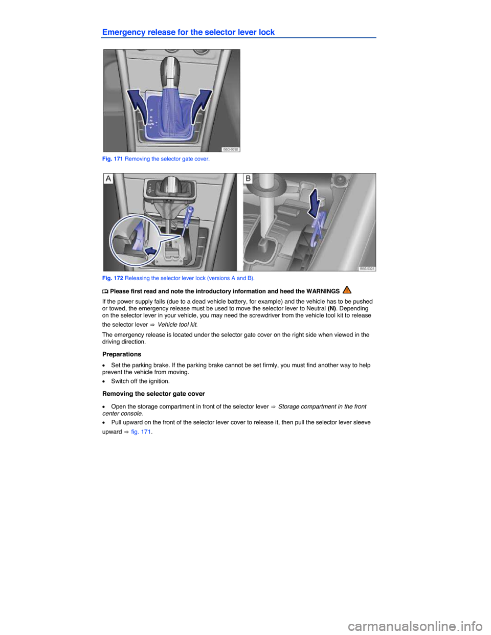 VOLKSWAGEN GOLF 2015 5G / 7.G Owners Manual  
Emergency release for the selector lever lock 
 
Fig. 171 Removing the selector gate cover. 
 
Fig. 172 Releasing the selector lever lock (versions A and B). 
�