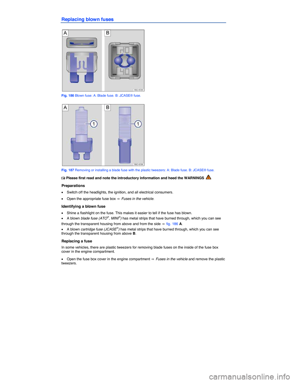 VOLKSWAGEN GOLF 2015 5G / 7.G Owners Manual  
Replacing blown fuses 
 
Fig. 186 Blown fuse: A: Blade fuse. B: JCASE® fuse. 
 
Fig. 187 Removing or installing a blade fuse with the plastic tweezers: A: Blade fuse. B: JCASE® fuse. 
�