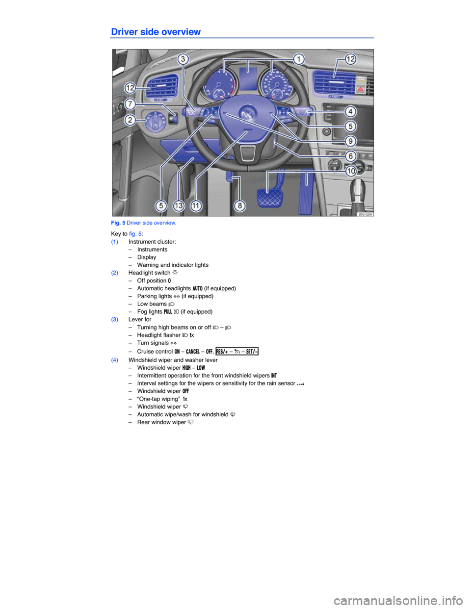 VOLKSWAGEN GOLF 2015 5G / 7.G Owners Manual   
Driver side overview 
 
Fig. 5 Driver side overview. 
Key to fig. 5: 
(1) Instrument cluster: 
–  Instruments  
–  Display  
–  Warning and indicator lights  
(2) Headlight switch �