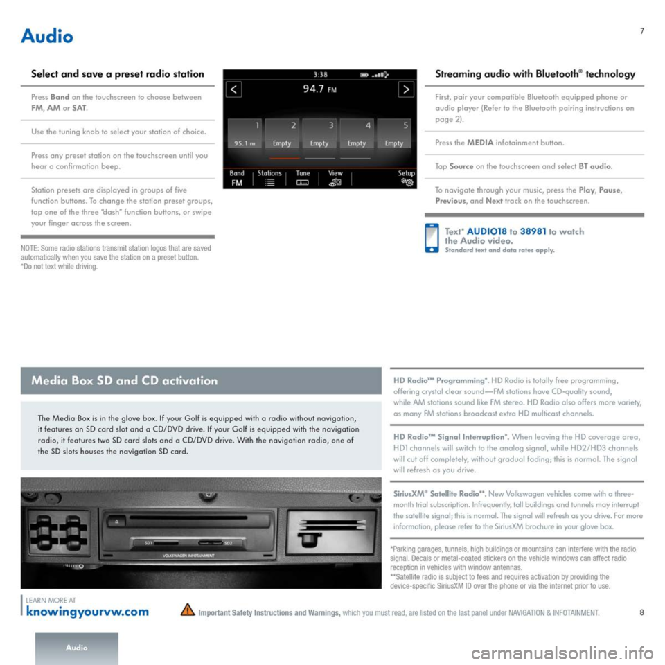 VOLKSWAGEN GOLF 2015 5G / 7.G Quick Start Guide 