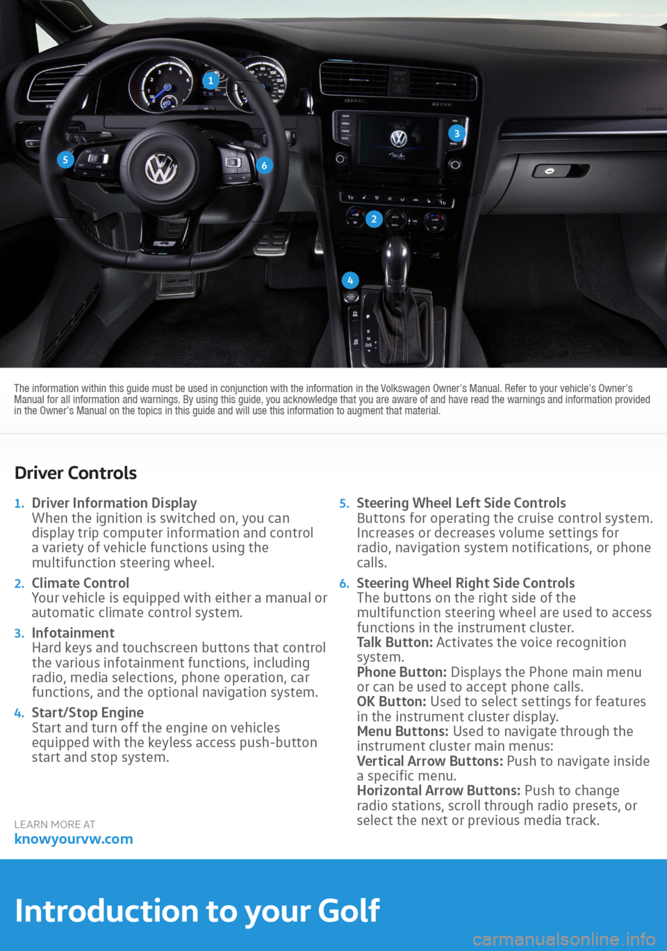 VOLKSWAGEN GOLF 2016 5G / 7.G Quick Start Guide 