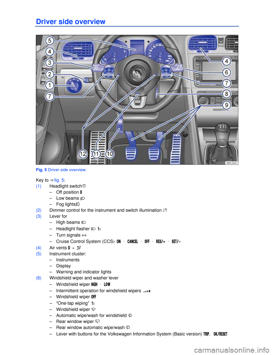 VOLKSWAGEN GOLF GTI 2013 5G / 7.G Owners Manual Driver side overview 
 
Fig. 5 Driver side overview. 
Key to ⇒ fig. 5: 
(1) Headlight switch�