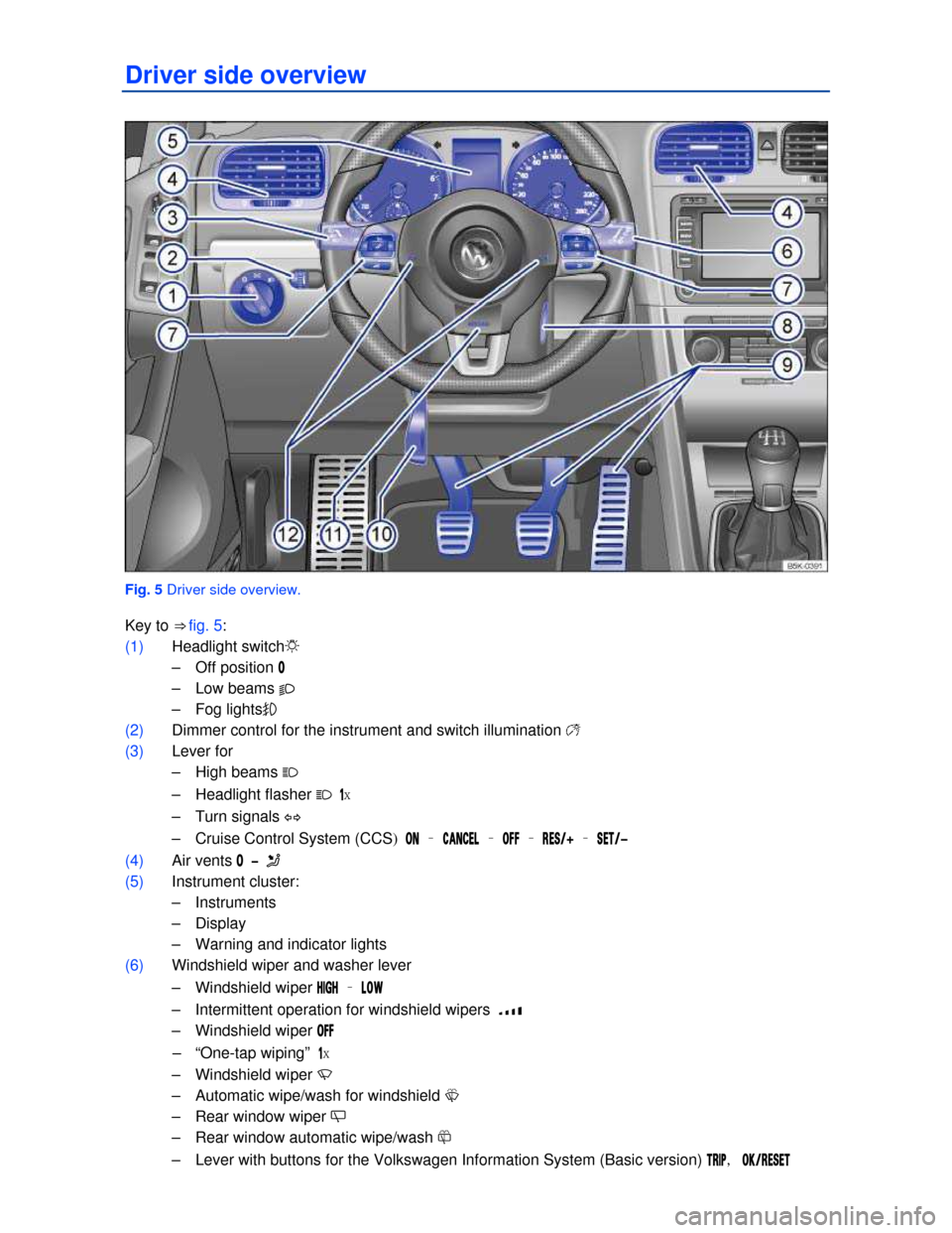 VOLKSWAGEN GOLF GTI 2013 5G / 7.G Owners Manual Driver side overview 
 
Fig. 5 Driver side overview. 
Key to ⇒ fig. 5: 
(1) Headlight switch�