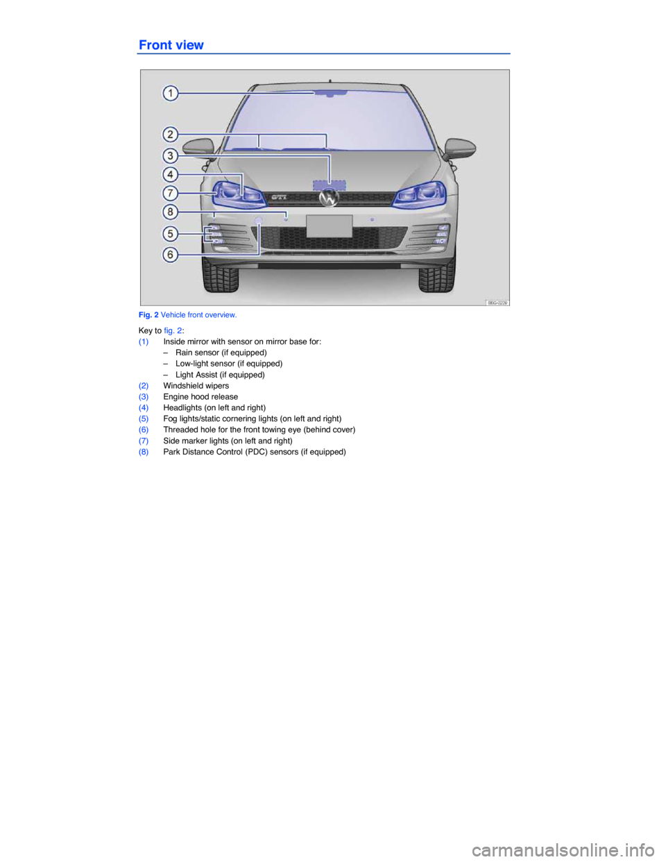 VOLKSWAGEN GOLF GTI 2015 5G / 7.G Owners Manual  
Front view 
 
Fig. 2 Vehicle front overview. 
Key to fig. 2: 
(1) Inside mirror with sensor on mirror base for: 
–  Rain sensor (if equipped)  
–  Low-light sensor (if equipped)  
–  Light Ass