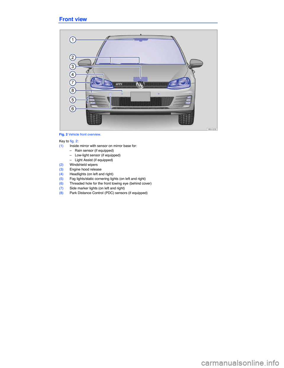 VOLKSWAGEN GOLF GTI 2015 5G / 7.G Owners Manual  
Front view 
 
Fig. 2 Vehicle front overview. 
Key to fig. 2: 
(1) Inside mirror with sensor on mirror base for: 
–  Rain sensor (if equipped)  
–  Low-light sensor (if equipped)  
–  Light Ass