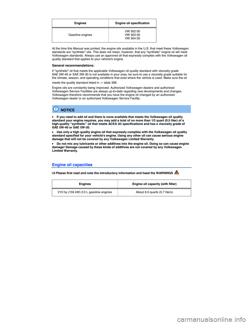 VOLKSWAGEN GOLF GTI 2015 5G / 7.G Owners Manual  
 
Engines   Engine oil specification  
Gasoline engines  VW 502 00 VW 503 00 VW 504 00  
 
At the time this Manual was printed, the engine oils available in the U.S. that meet these Volkswagen stand