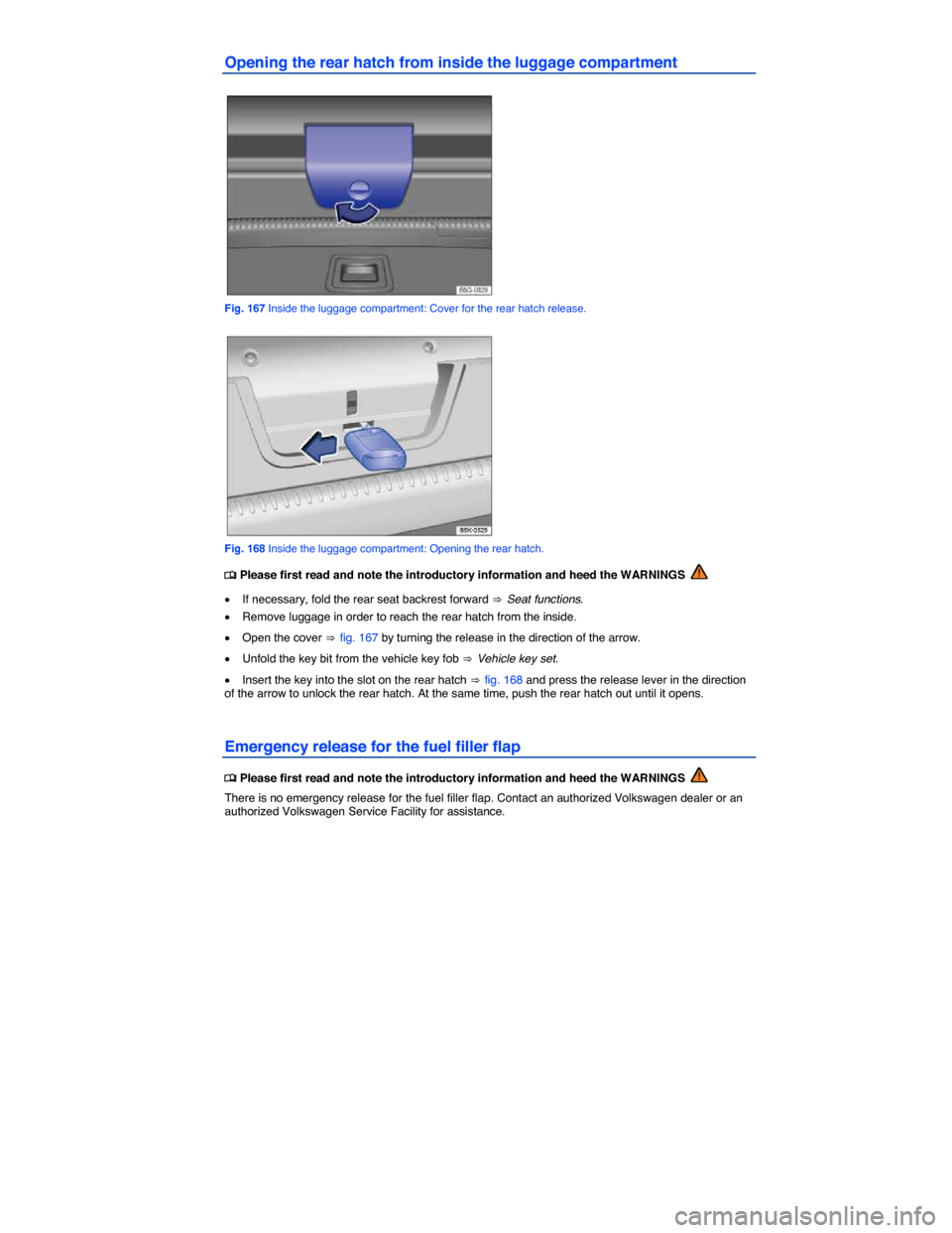 VOLKSWAGEN GOLF GTI 2015 5G / 7.G Owners Manual  
Opening the rear hatch from inside the luggage compartment 
 
Fig. 167 Inside the luggage compartment: Cover for the rear hatch release. 
 
Fig. 168 Inside the luggage compartment: Opening the rear 