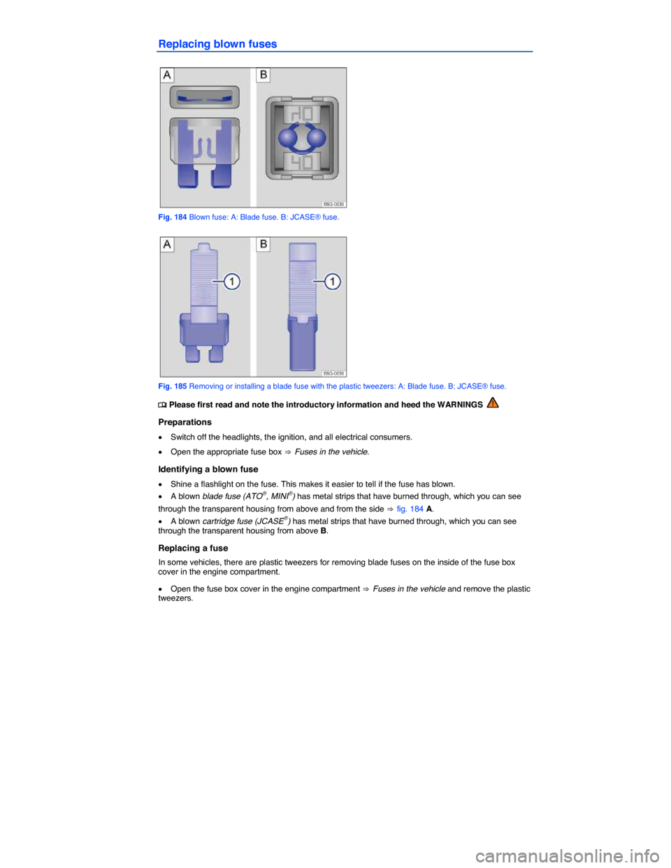 VOLKSWAGEN GOLF GTI 2015 5G / 7.G Owners Manual  
Replacing blown fuses 
 
Fig. 184 Blown fuse: A: Blade fuse. B: JCASE® fuse. 
 
Fig. 185 Removing or installing a blade fuse with the plastic tweezers: A: Blade fuse. B: JCASE® fuse. 
�