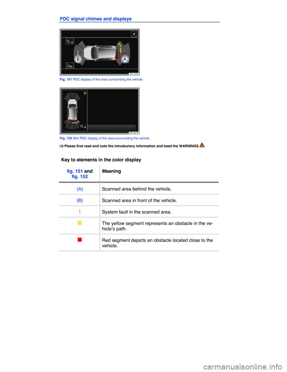 VOLKSWAGEN GOLF SPORTWAGEN 2015 5G / 7.G Owners Manual  
PDC signal chimes and displays 
 
Fig. 151 PDC display of the area surrounding the vehicle. 
 
Fig. 152 Mini PDC display of the area surrounding the vehicle. 
�