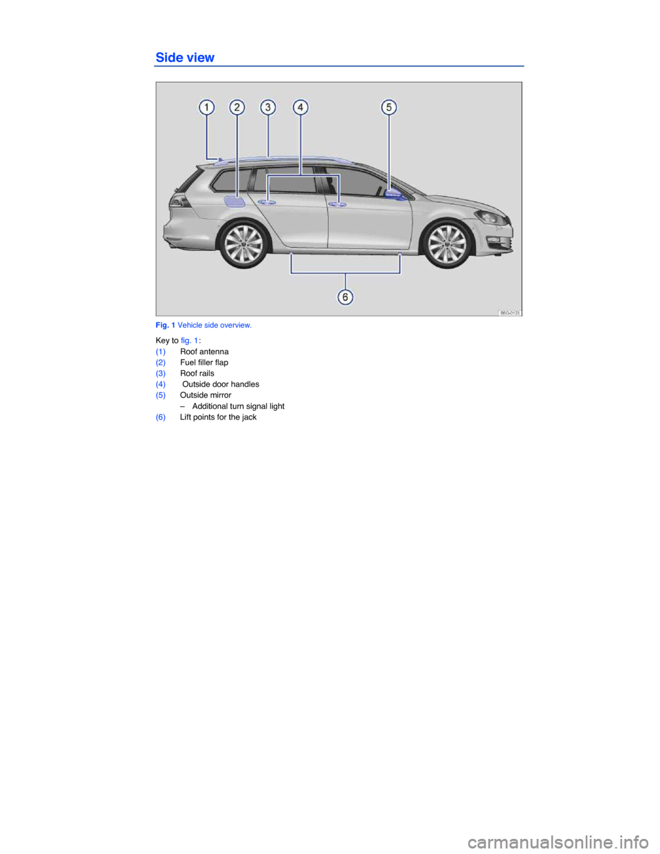 VOLKSWAGEN GOLF SPORTWAGEN 2015 5G / 7.G Owners Manual  
Side view 
 
Fig. 1 Vehicle side overview. 
Key to fig. 1: 
(1) Roof antenna  
(2) Fuel filler flap  
(3) Roof rails  
(4)  Outside door handles  
(5) Outside mirror  
–  Additional turn signal li
