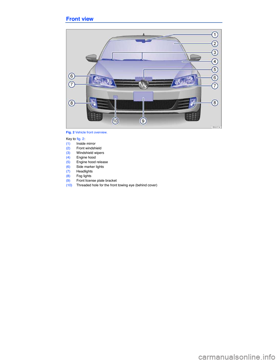 VOLKSWAGEN JETTA GLI 2013 1B / 6.G Owners Manual  
Front view 
 
Fig. 2 Vehicle front overview. 
Key to fig. 2: 
(1) Inside mirror  
(2) Front windshield 
(3) Windshield wipers  
(4) Engine hood  
(5) Engine hood release  
(6) Side marker lights 
(7