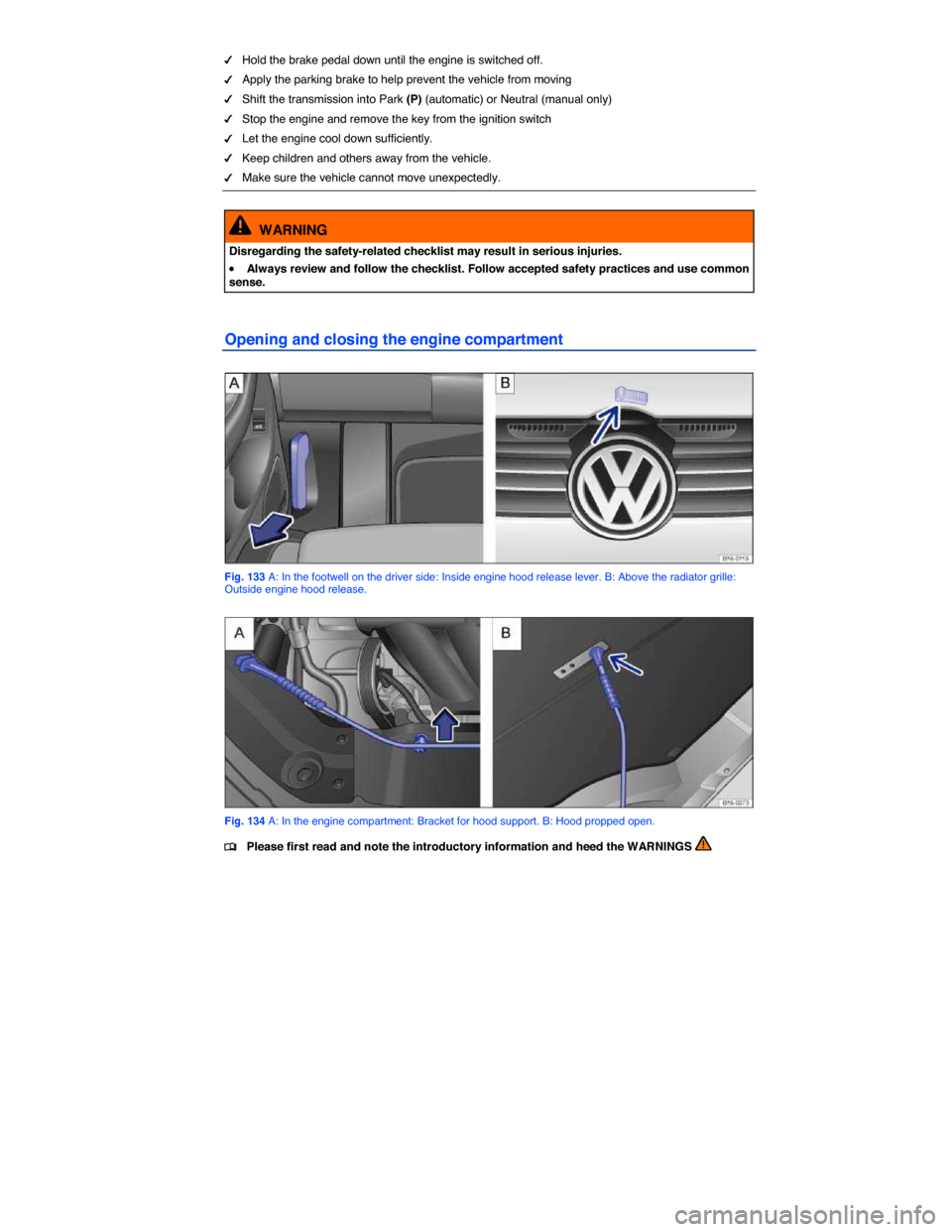 VOLKSWAGEN JETTA GLI 2013 1B / 6.G Owners Manual  
�d  Hold the brake pedal down until the engine is switched off. 
�d  Apply the parking brake to help prevent the vehicle from moving   
�d  Shift the transmission into Park (P) (automatic) or Neutra