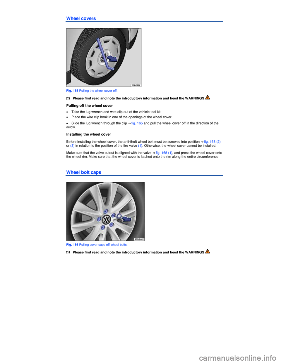 VOLKSWAGEN JETTA GLI 2013 1B / 6.G Owners Manual  
Wheel covers 
 
Fig. 165 Pulling the wheel cover off. 
�