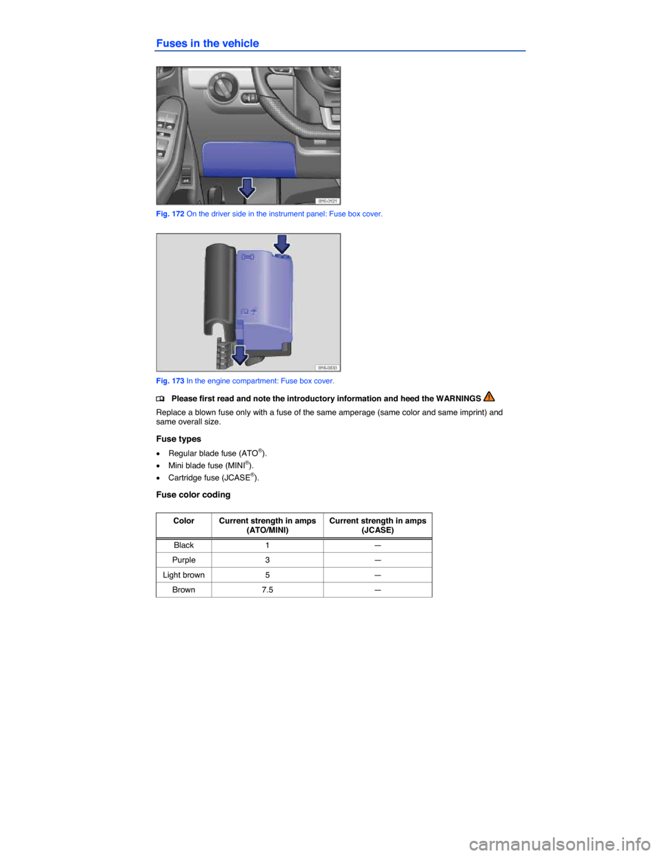 VOLKSWAGEN JETTA GLI 2013 1B / 6.G Owners Manual  
Fuses in the vehicle 
 
Fig. 172 On the driver side in the instrument panel: Fuse box cover. 
 
Fig. 173 In the engine compartment: Fuse box cover. 
�