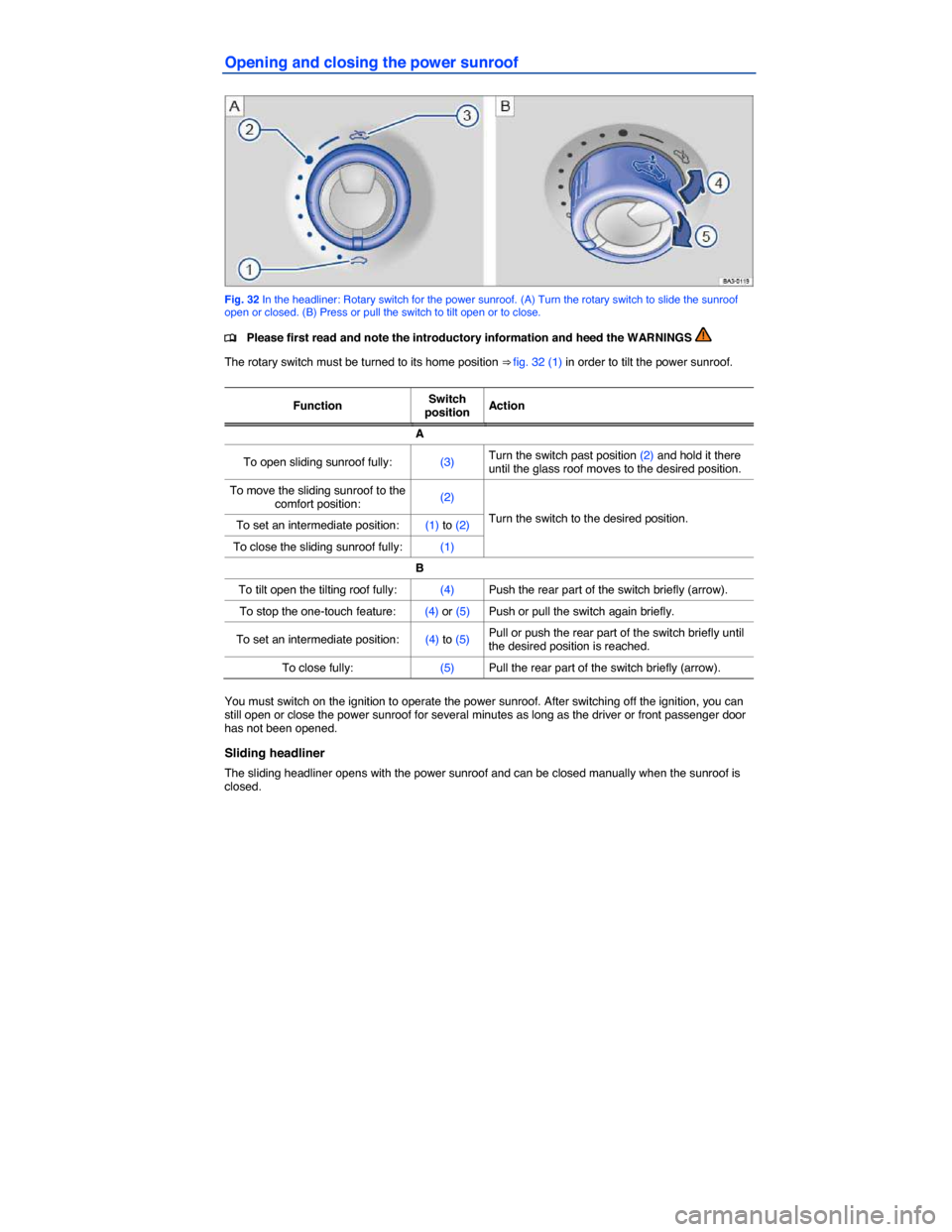 VOLKSWAGEN JETTA GLI 2013 1B / 6.G Service Manual  
Opening and closing the power sunroof 
 
Fig. 32 In the headliner: Rotary switch for the power sunroof. (A) Turn the rotary switch to slide the sunroof open or closed. (B) Press or pull the switch t