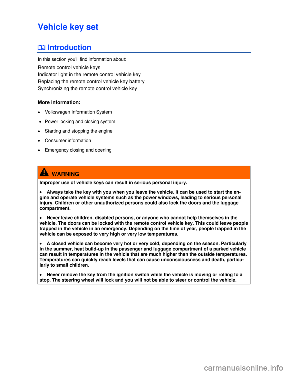 VOLKSWAGEN JETTA 2013 1B / 6.G Owners Manual  
Vehicle key set 
�