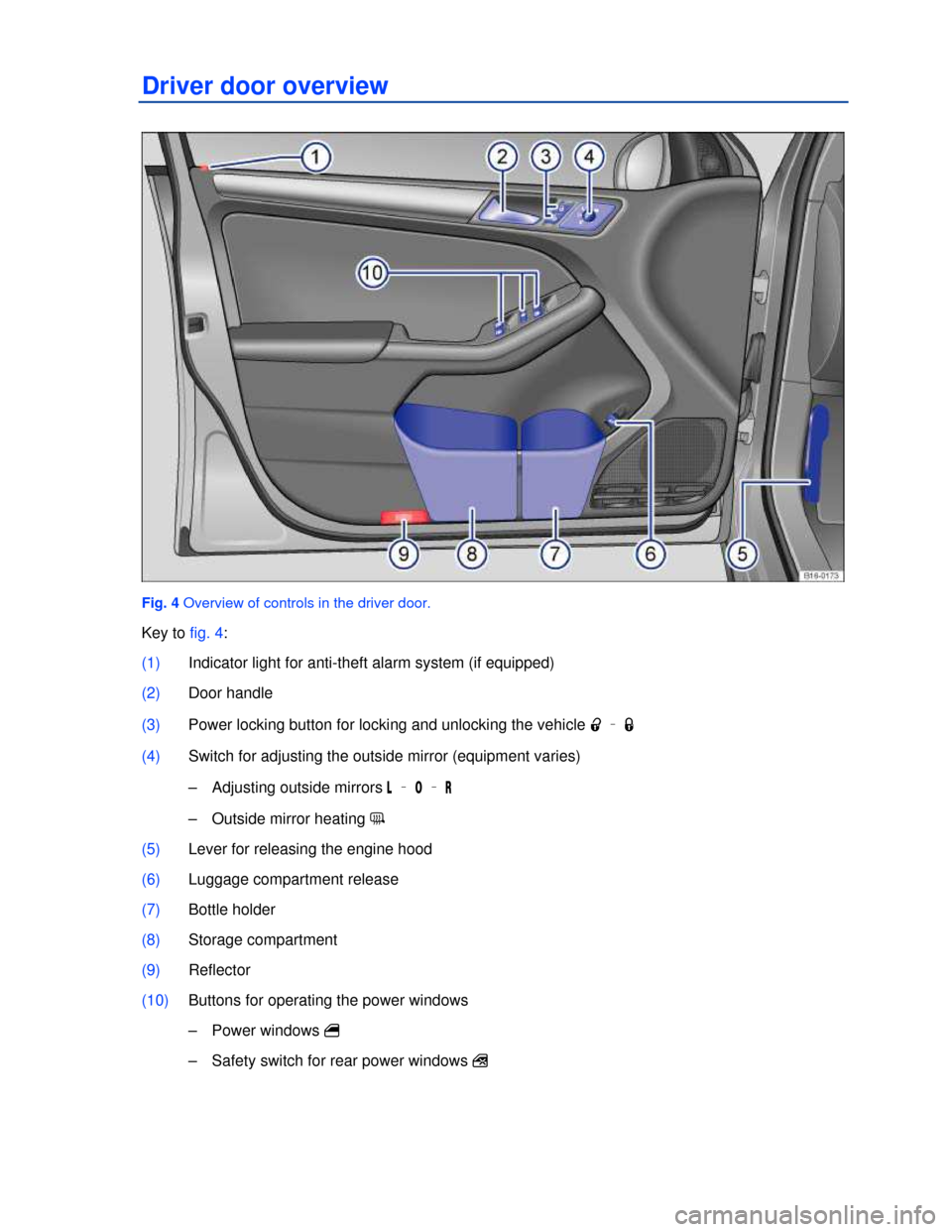 VOLKSWAGEN JETTA 2013 1B / 6.G Owners Manual  
Driver door overview 
 
Fig. 4 Overview of controls in the driver door. 
Key to fig. 4: 
(1) Indicator light for anti-theft alarm system (if equipped)  
(2) Door handle  
(3) Power locking button fo