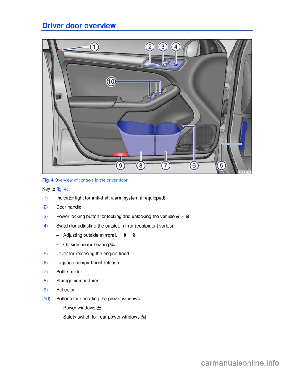 VOLKSWAGEN JETTA 2013 1B / 6.G Owners Manual
Driver door overview
Fig. 4 Overview of controls in the driver door.
Key to fig. 4:
(1) Indicator light for anti-theft alarm system (if equipped)
(2) Door handle
(3) Power locking button fo VOLKSWAGEN JETTA 2013 1B / 6.G Owners Manual
Driver door overview
Fig. 4 Overview of controls in the driver door.
Key to fig. 4:
(1) Indicator light for anti-theft alarm system (if equipped)
(2) Door handle
(3) Power locking button fo
