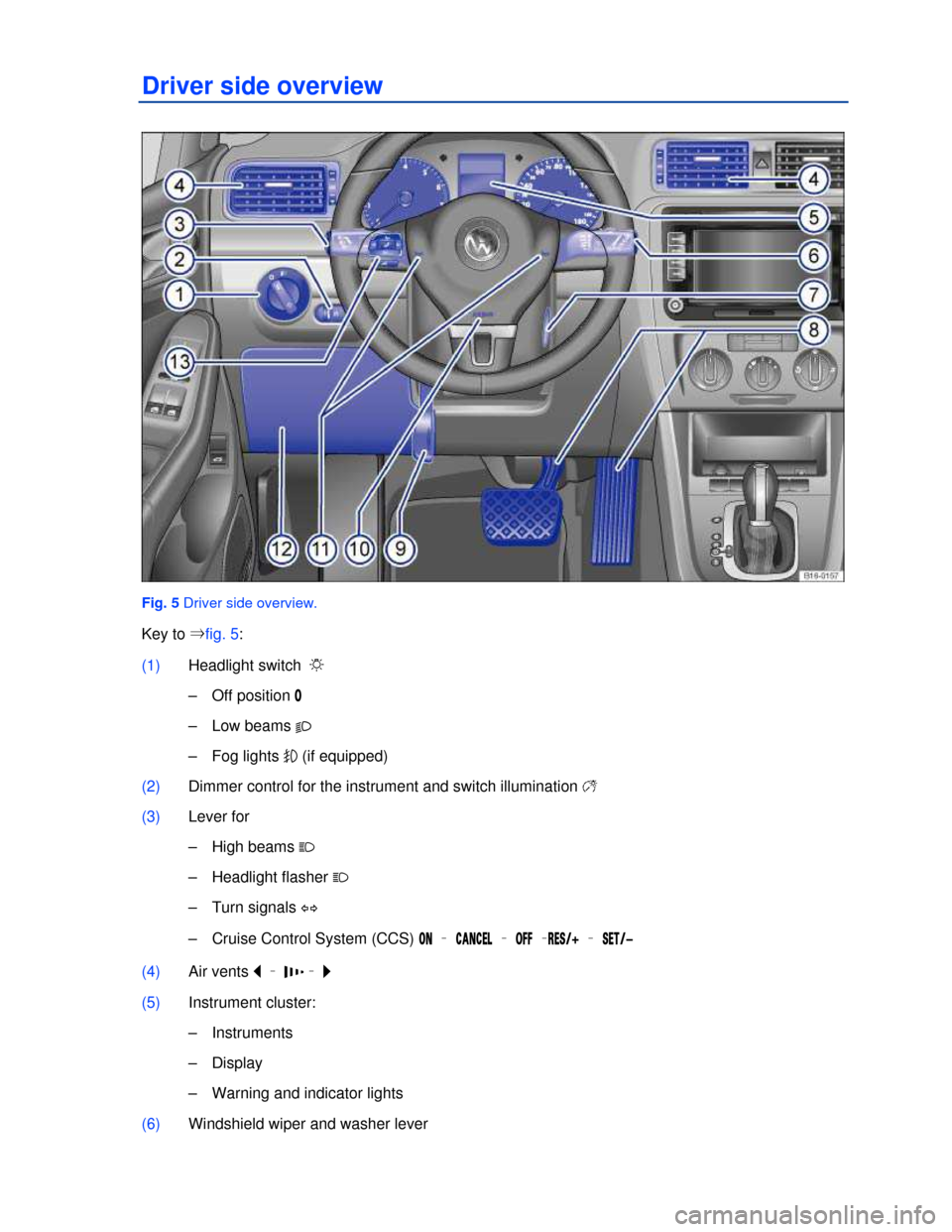 VOLKSWAGEN JETTA 2013 1B / 6.G Owners Manual  
Driver side overview 
 
Fig. 5 Driver side overview. 
Key to ⇒fig. 5: 
(1) Headlight switch �