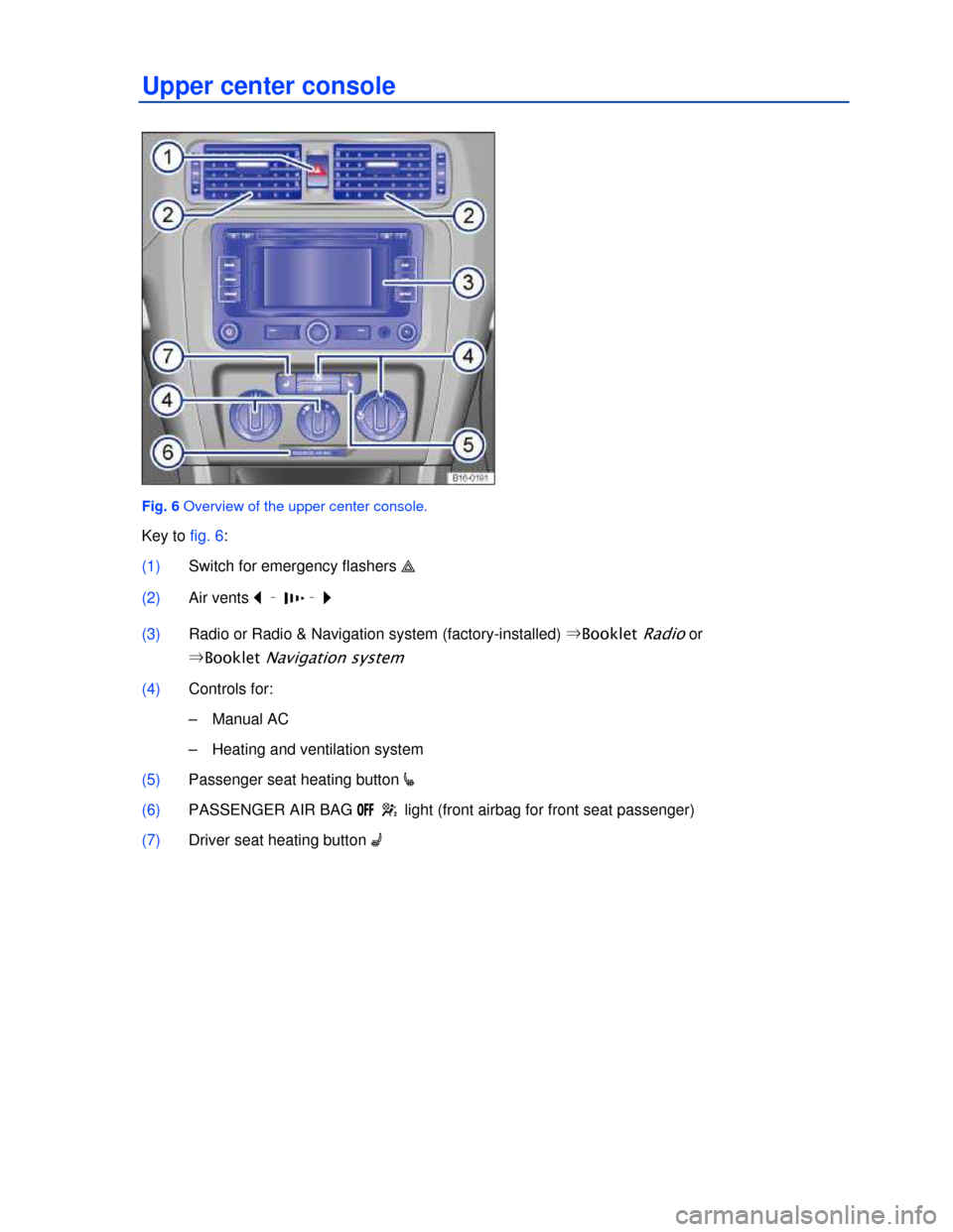 VOLKSWAGEN JETTA 2013 1B / 6.G Owners Manual  
Upper center console 
 
Fig. 6 Overview of the upper center console. 
Key to fig. 6: 
(1) Switch for emergency flashers �  
(2) Air vents � – �