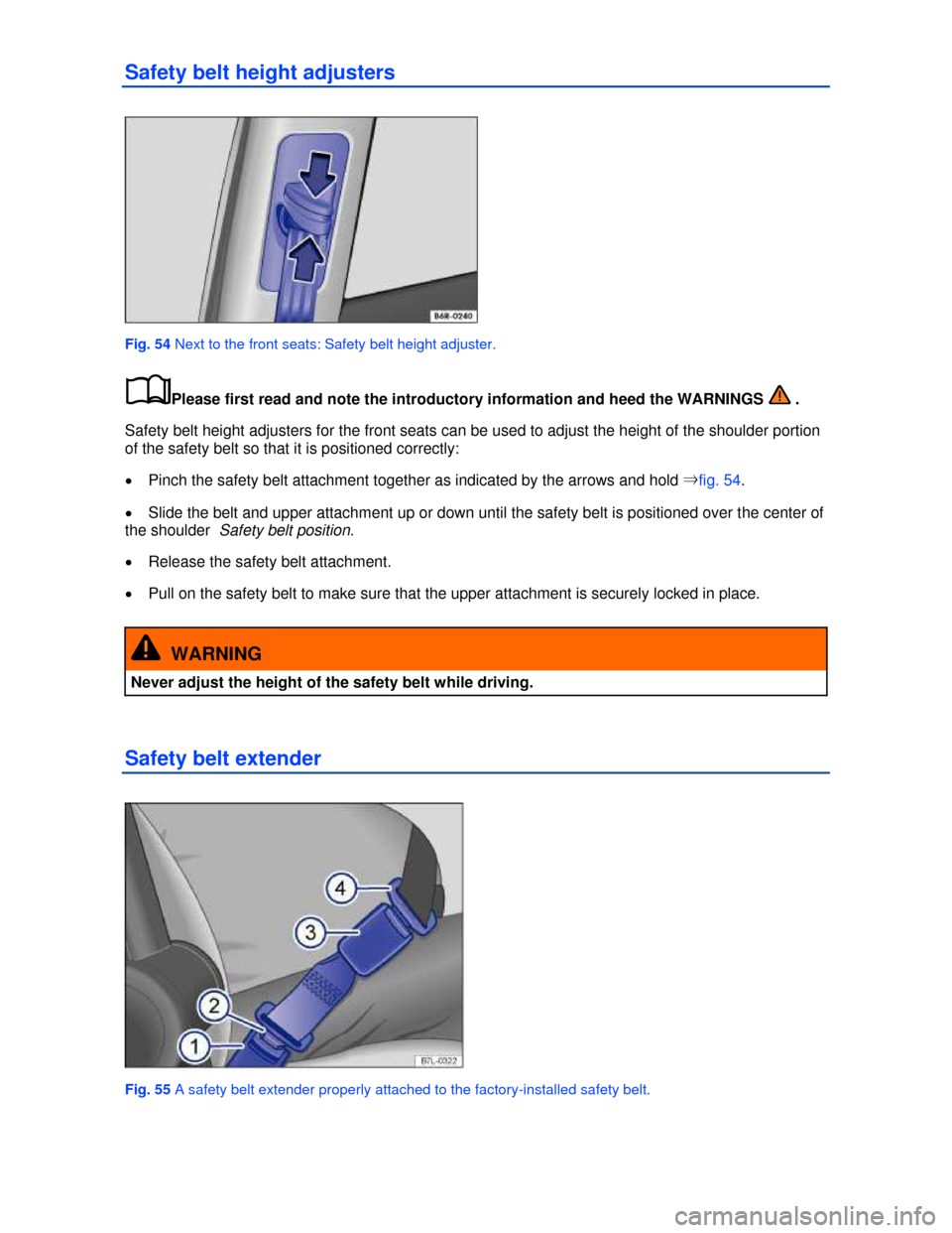 VOLKSWAGEN JETTA 2013 1B / 6.G Manual Online  
Safety belt height adjusters 
 
Fig. 54 Next to the front seats: Safety belt height adjuster. 
�