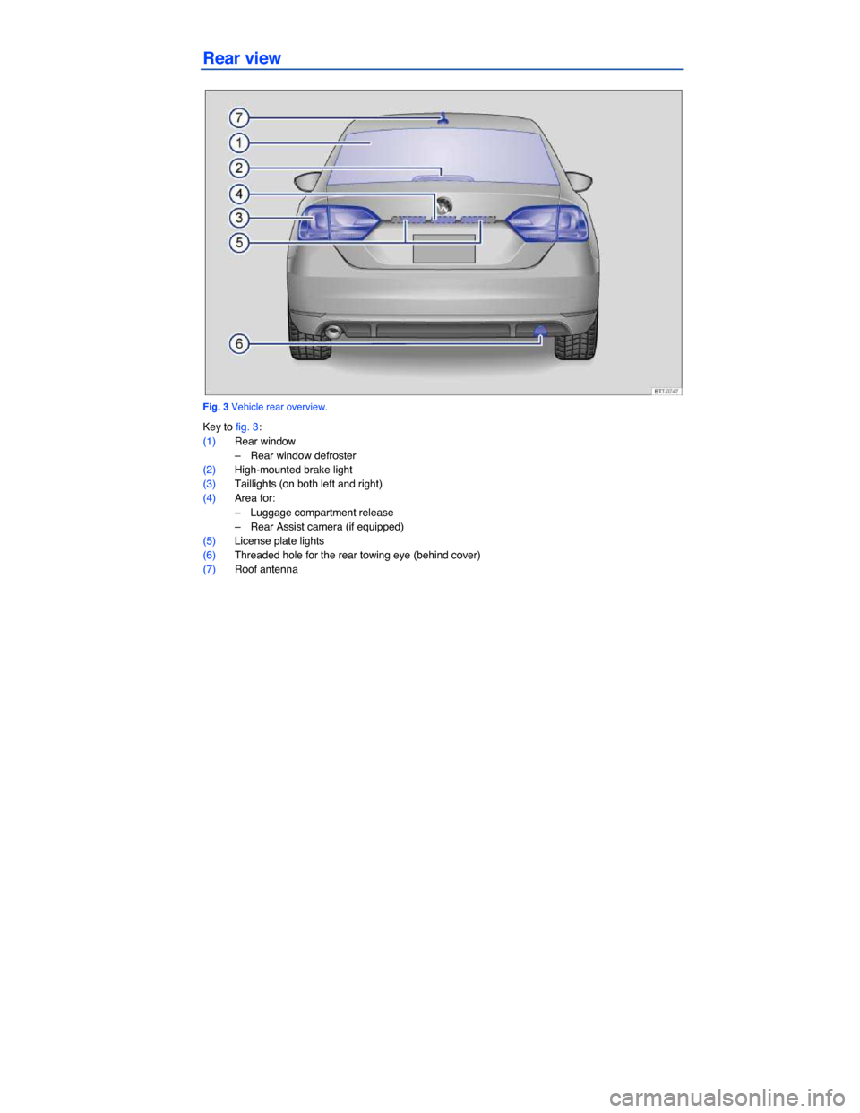 VOLKSWAGEN JETTA GLI 2014 1B / 6.G Owners Manual  
Rear view 
 
Fig. 3 Vehicle rear overview. 
Key to fig. 3: 
(1) Rear window 
–  Rear window defroster  
(2) High-mounted brake light  
(3) Taillights (on both left and right)  
(4) Area for: 
– 