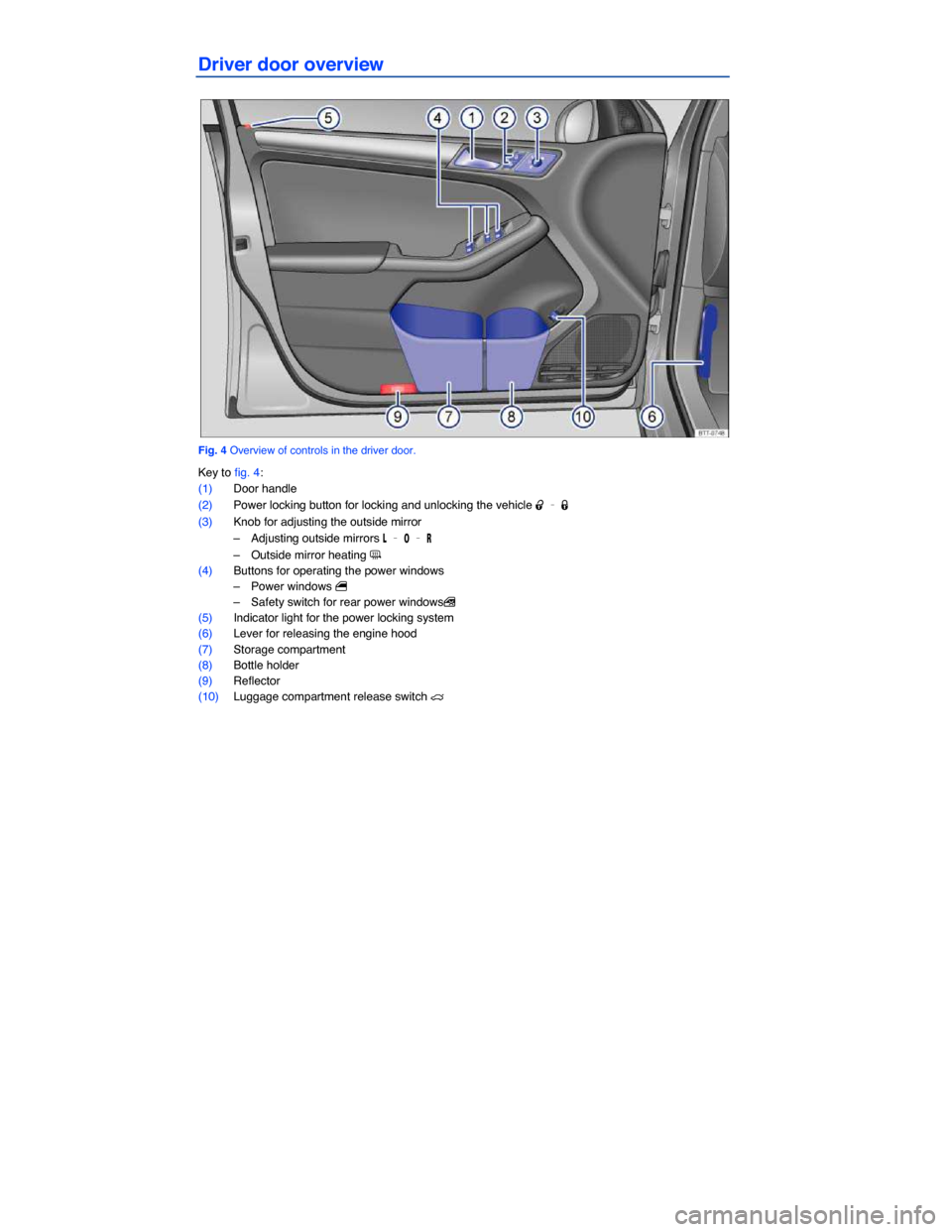 VOLKSWAGEN JETTA GLI 2014 1B / 6.G Owners Manual  
Driver door overview 
 
Fig. 4 Overview of controls in the driver door. 
Key to fig. 4: 
(1) Door handle  
(2) Power locking button for locking and unlocking the vehicle �0 – �1 
(3) Knob for adju