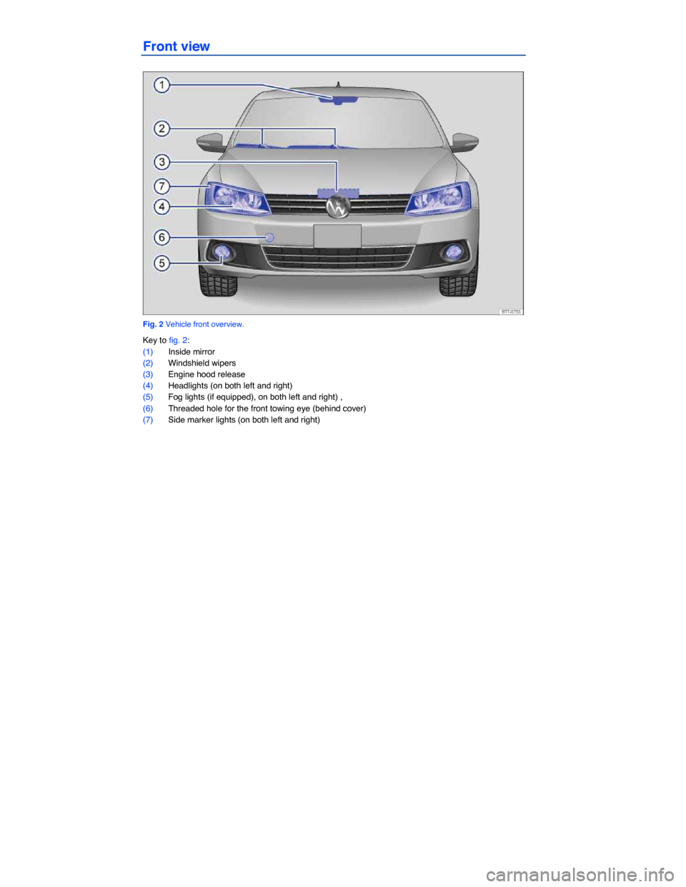 VOLKSWAGEN JETTA 2014 1B / 6.G Owners Manual  
Front view 
 
Fig. 2 Vehicle front overview. 
Key to fig. 2: 
(1) Inside mirror  
(2) Windshield wipers  
(3) Engine hood release  
(4) Headlights (on both left and right)  
(5) Fog lights (if equip