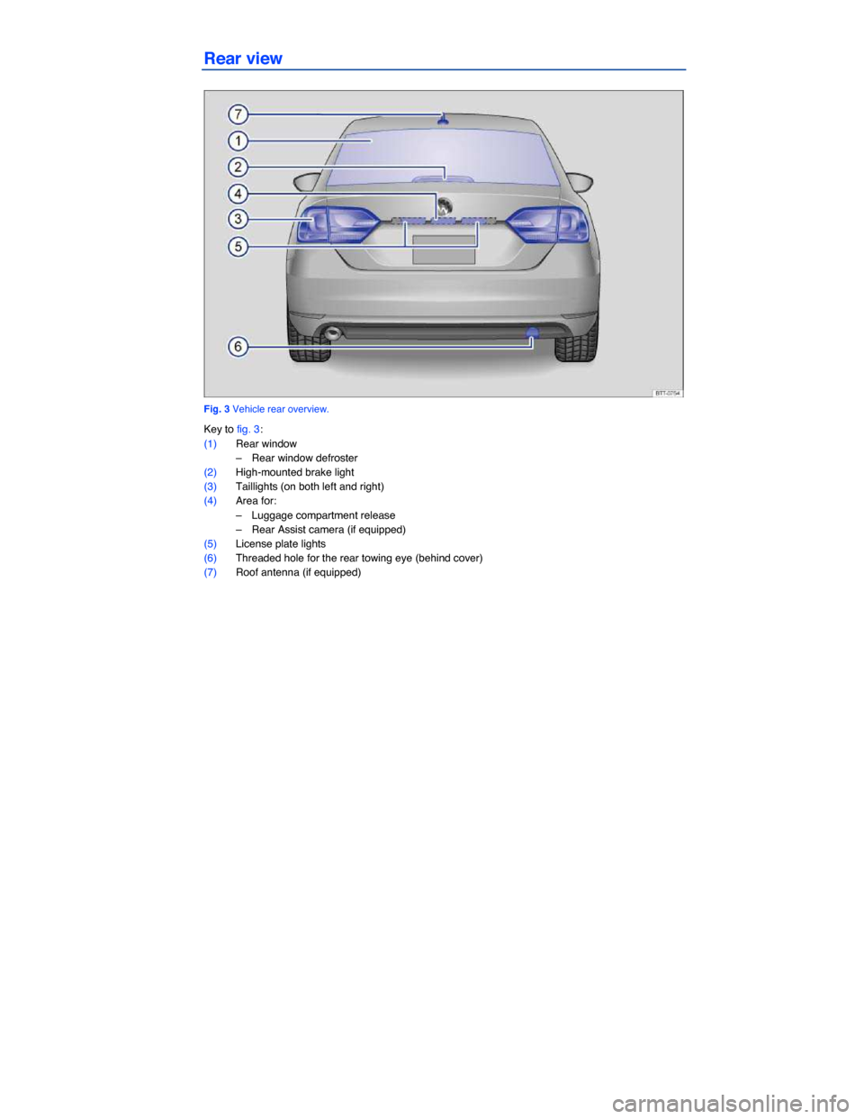 VOLKSWAGEN JETTA 2014 1B / 6.G Owners Manual  
Rear view 
 
Fig. 3 Vehicle rear overview. 
Key to fig. 3: 
(1) Rear window 
–  Rear window defroster  
(2) High-mounted brake light  
(3) Taillights (on both left and right)  
(4) Area for: 
– 