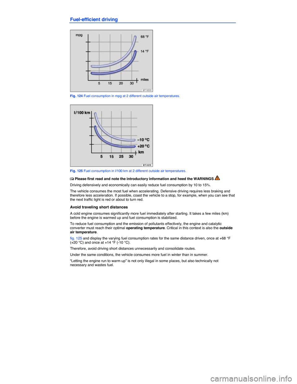 VOLKSWAGEN JETTA 2014 1B / 6.G Owners Manual  
Fuel-efficient driving 
 
Fig. 124 Fuel consumption in mpg at 2 different outside air temperatures. 
 
Fig. 125 Fuel consumption in l/100 km at 2 different outside air temperatures. 
�