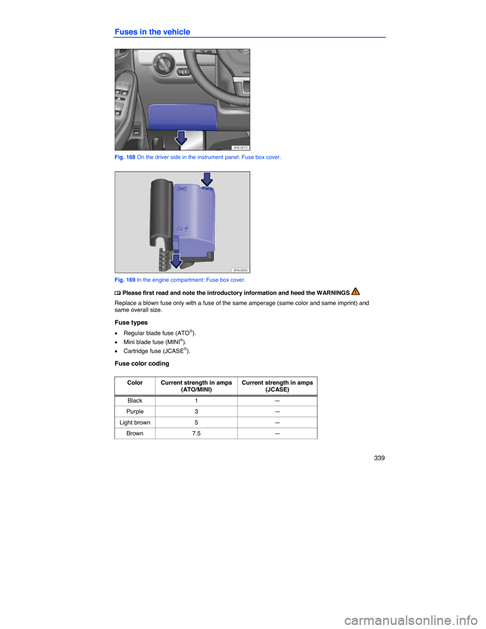 VOLKSWAGEN JETTA 2014 1B / 6.G Owners Manual    339 
Fuses in the vehicle 
 
Fig. 168 On the driver side in the instrument panel: Fuse box cover. 
 
Fig. 169 In the engine compartment: Fuse box cover. 
�