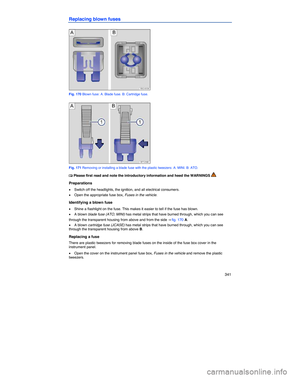 VOLKSWAGEN JETTA 2014 1B / 6.G Owners Manual    341 
Replacing blown fuses 
 
Fig. 170 Blown fuse: A: Blade fuse. B: Cartridge fuse. 
 
Fig. 171 Removing or installing a blade fuse with the plastic tweezers: A: MINI. B: ATO. 
�