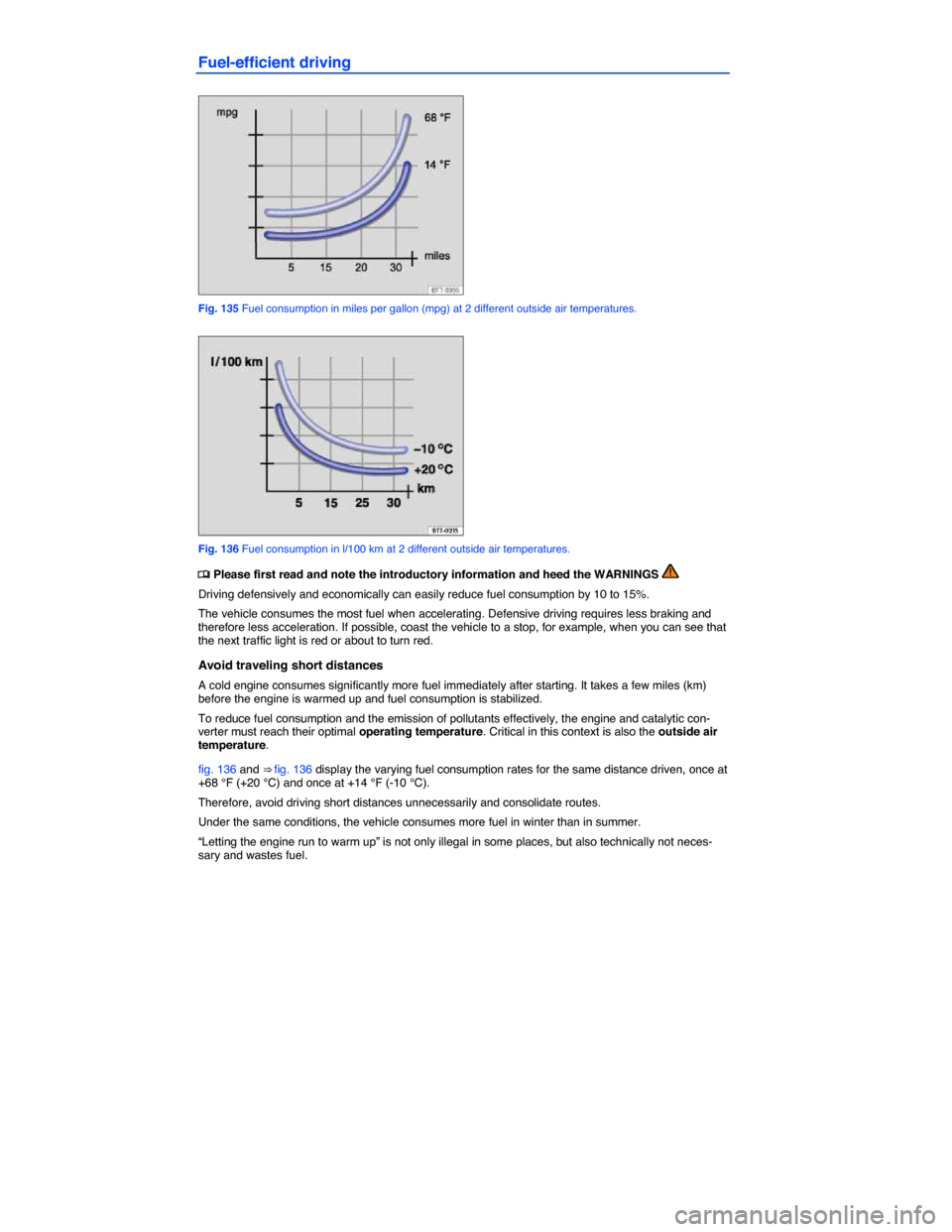 VOLKSWAGEN JETTA 2015 1B / 6.G Owners Manual  
Fuel-efficient driving 
 
Fig. 135 Fuel consumption in miles per gallon (mpg) at 2 different outside air temperatures. 
 
Fig. 136 Fuel consumption in l/100 km at 2 different outside air temperature