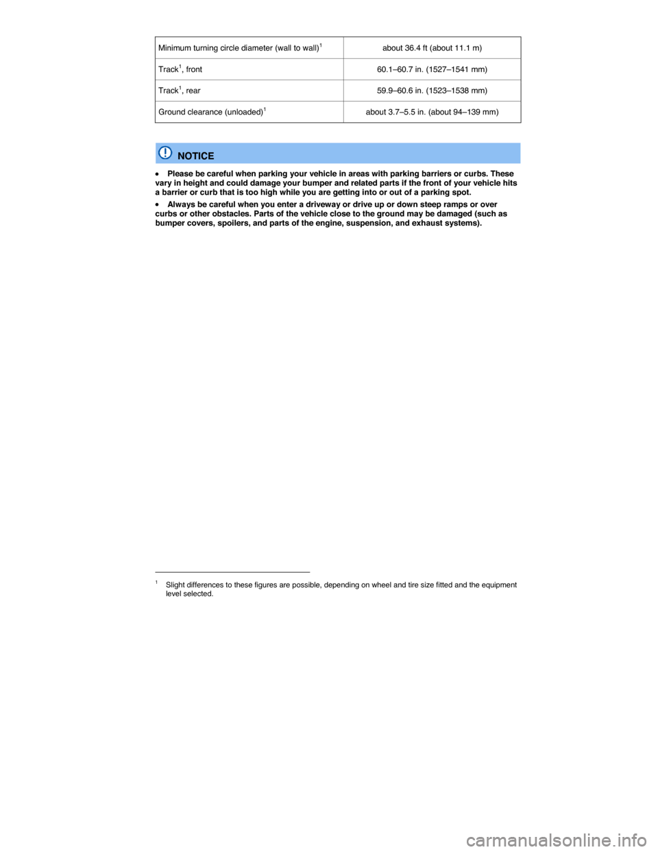 VOLKSWAGEN JETTA 2015 1B / 6.G Service Manual  
Minimum turning circle diameter (wall to wall)1   about 36.4 ft (about 11.1 m)  
Track1, front  60.1–60.7 in. (1527–1541 mm)  
Track1, rear  59.9–60.6 in. (1523–1538 mm)  
Ground clearance (