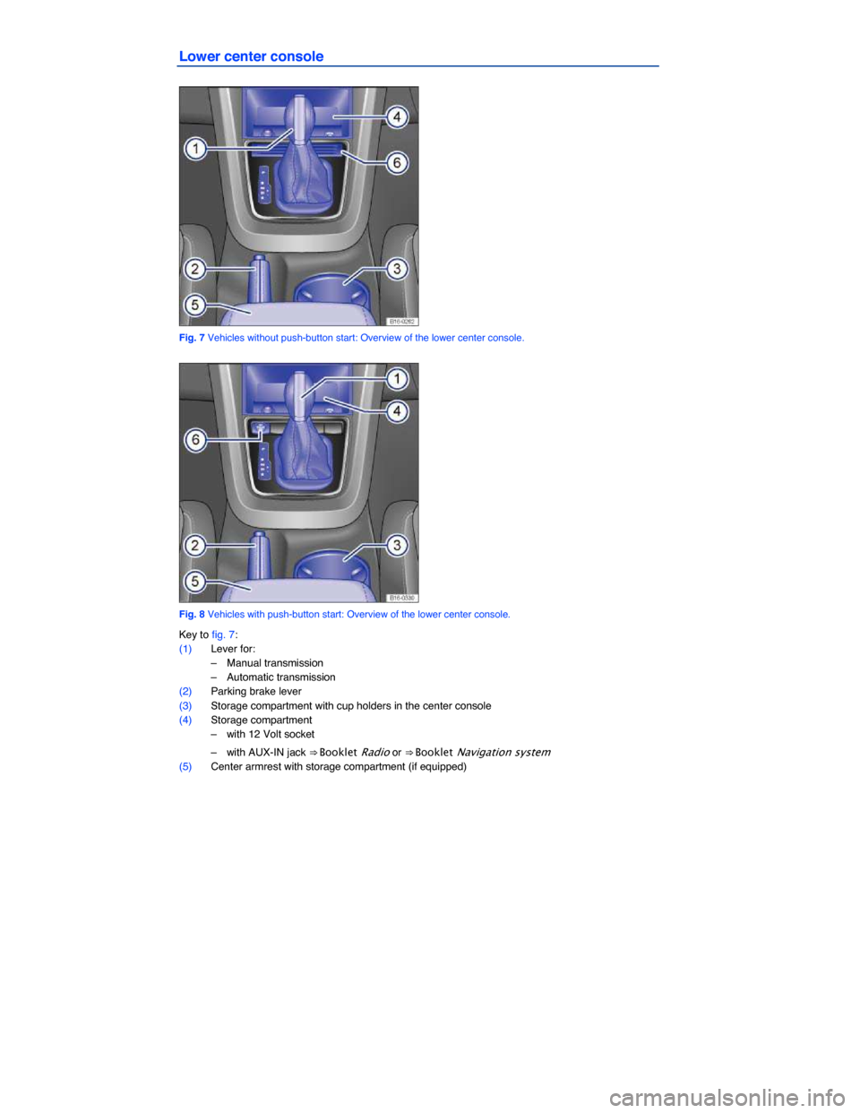 VOLKSWAGEN JETTA 2015 1B / 6.G Owners Manual  
Lower center console 
 
Fig. 7 Vehicles without push-button start: Overview of the lower center console. 
 
Fig. 8 Vehicles with push-button start: Overview of the lower center console. 
Key to fig.