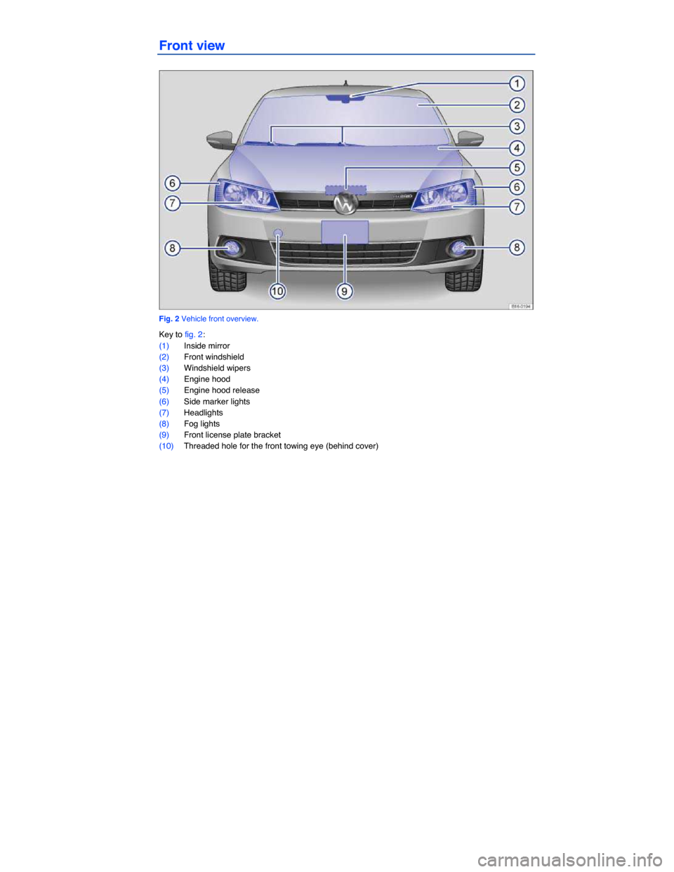 VOLKSWAGEN JETTA HYBRID 2013 1B / 6.G Owners Manual  
Front view 
 
Fig. 2 Vehicle front overview. 
Key to fig. 2: 
(1) Inside mirror  
(2) Front windshield 
(3) Windshield wipers  
(4) Engine hood  
(5) Engine hood release  
(6) Side marker lights 
(7