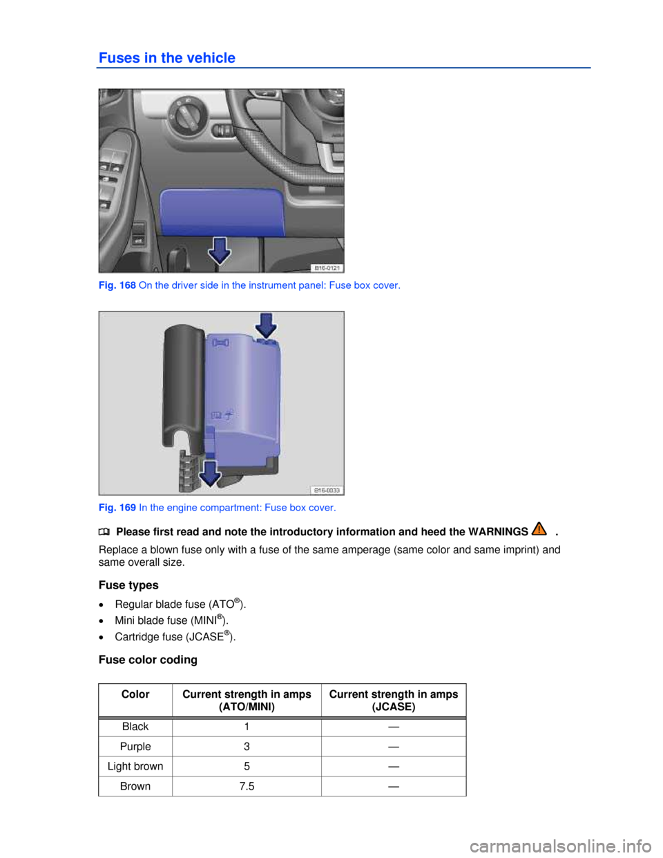 VOLKSWAGEN JETTA HYBRID 2013 1B / 6.G Owners Manual  
Fuses in the vehicle 
 
Fig. 168 On the driver side in the instrument panel: Fuse box cover. 
 
Fig. 169 In the engine compartment: Fuse box cover. 
�