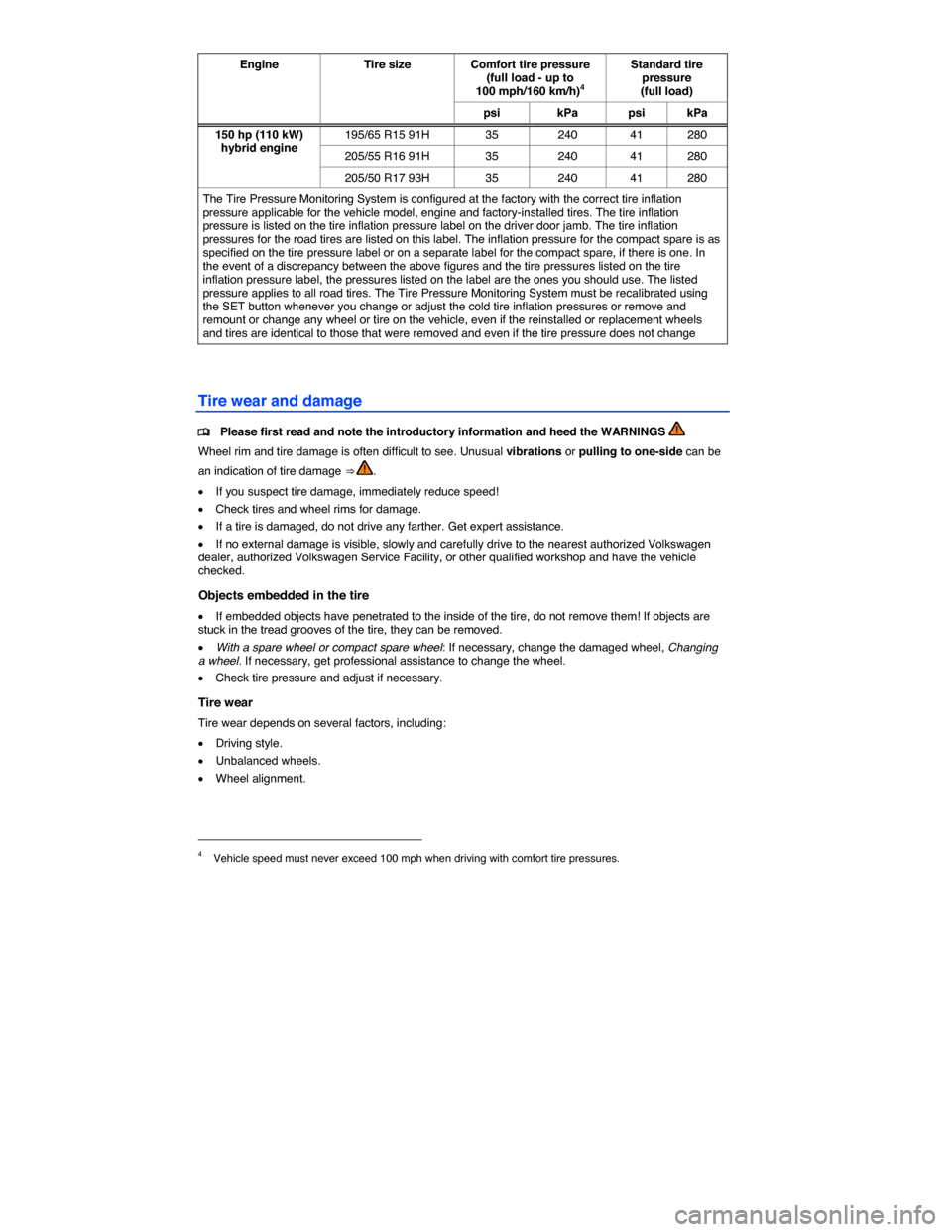 VOLKSWAGEN JETTA HYBRID 2014 1B / 6.G Owners Manual  
Engine  Tire size Comfort tire pressure(full load - up to 100 mph/160 km/h)4 
Standard tire pressure (full load) 
psi kPa psi kPa 
150 hp (110 kW) hybrid engine 195/65 R15 91H  35  240  41  280 
205