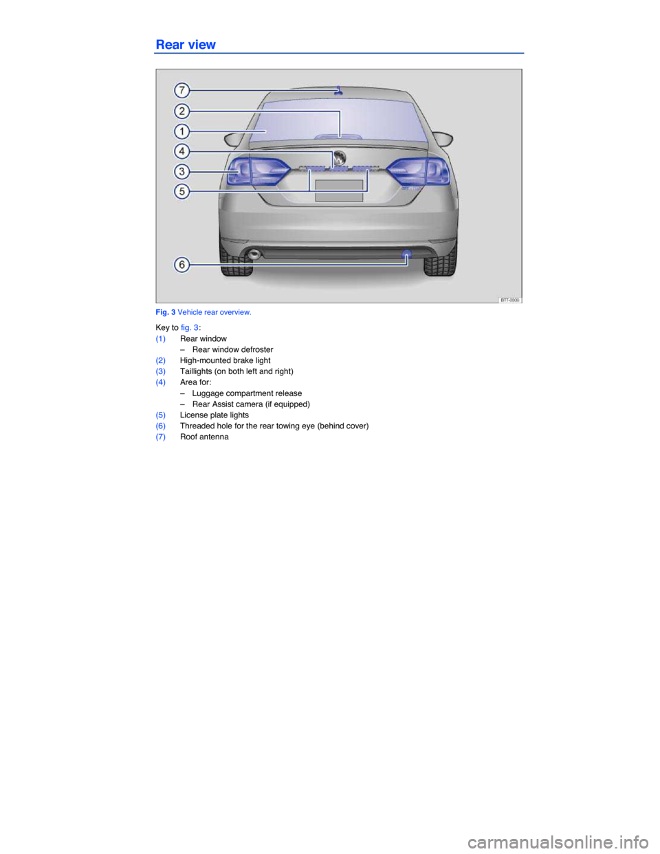 VOLKSWAGEN JETTA HYBRID 2014 1B / 6.G Owners Manual  
Rear view 
 
Fig. 3 Vehicle rear overview. 
Key to fig. 3: 
(1) Rear window 
–  Rear window defroster  
(2) High-mounted brake light  
(3) Taillights (on both left and right)  
(4) Area for: 
– 