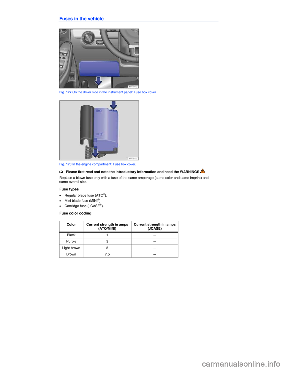 VOLKSWAGEN JETTA HYBRID 2014 1B / 6.G Owners Manual  
Fuses in the vehicle 
 
Fig. 172 On the driver side in the instrument panel: Fuse box cover. 
 
Fig. 173 In the engine compartment: Fuse box cover. 
�