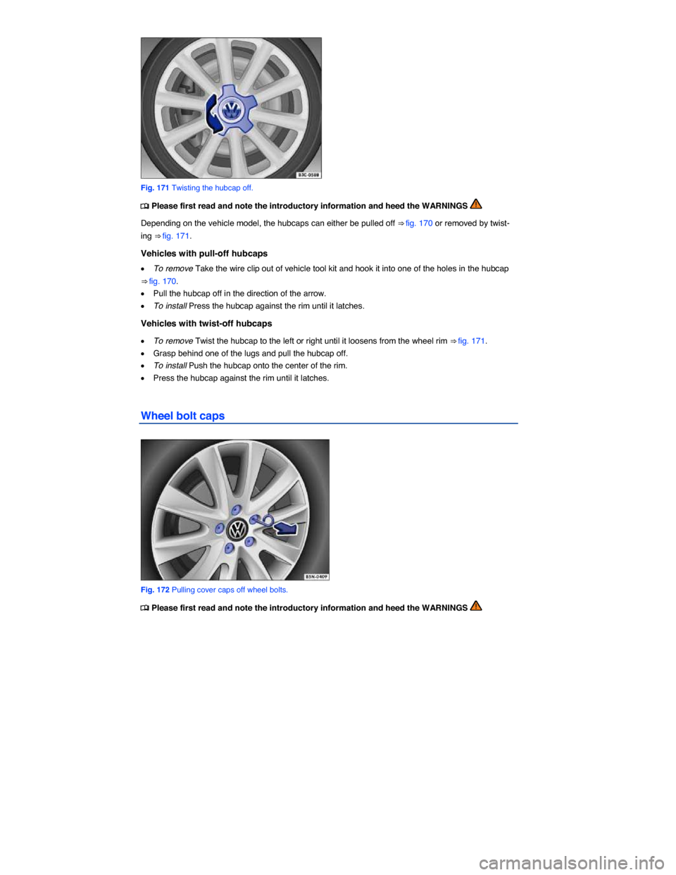 VOLKSWAGEN JETTA HYBRID 2015 1B / 6.G Owners Manual  
 
Fig. 171 Twisting the hubcap off. 
�