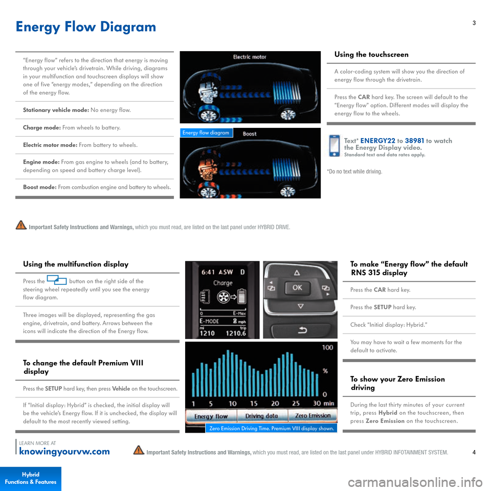 VOLKSWAGEN JETTA HYBRID 2015 1B / 6.G Quick Start Guide 3
Energy flow diagram
Energy Flow Diagram
Important Safety Instructions and Warnings, 
which you must read, are listed on the last panel under HYBRID DRIVE.
“Energy flow” refers to the direction t