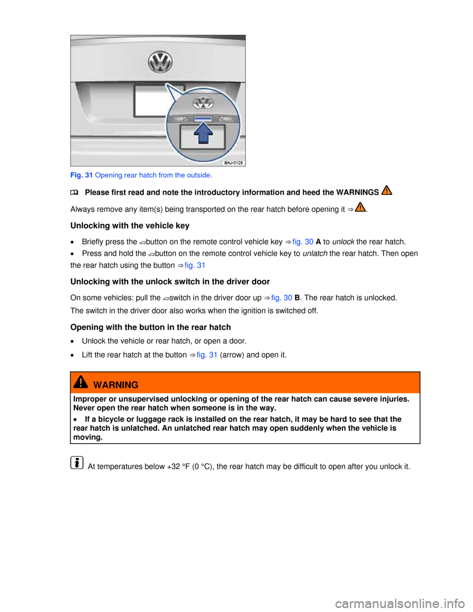 VOLKSWAGEN JETTA SPORTWAGEN 2013 1B / 6.G Workshop Manual  
 
 
Fig. 31 Opening rear hatch from the outside. 
�