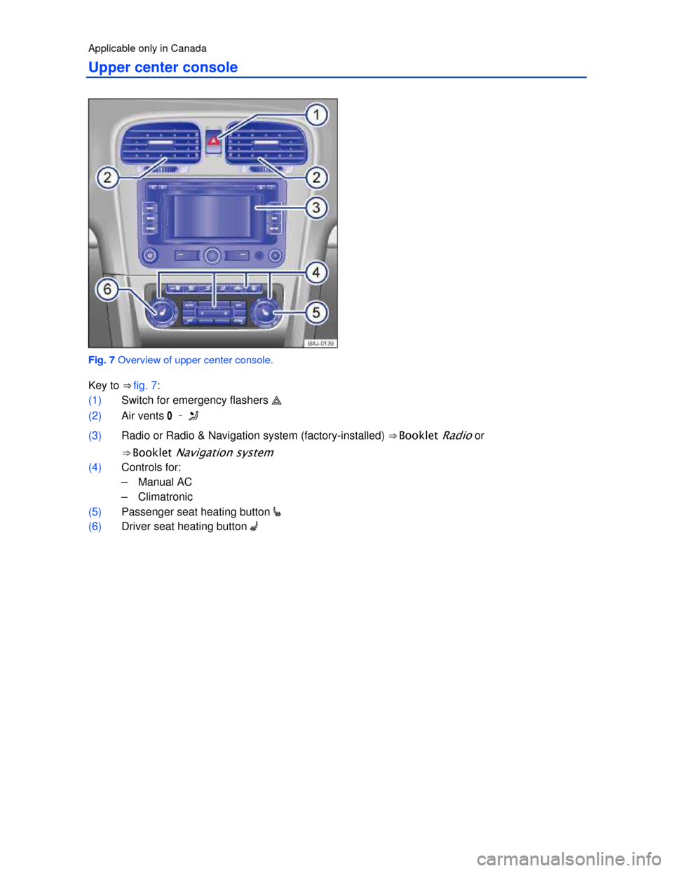VOLKSWAGEN JETTA SPORTWAGEN 2013 1B / 6.G Owners Manual  
 
Applicable only in Canada 
Upper center console 
 
Fig. 7 Overview of upper center console. 
Key to ⇒ fig. 7: 
(1) Switch for emergency flashers �  
(2) Air vents �/ – �J 
(3) Radio or Radi