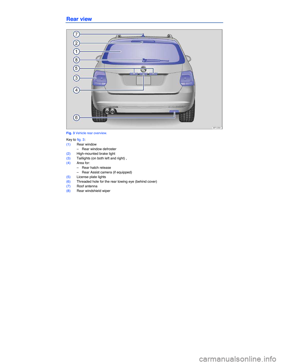 VOLKSWAGEN JETTA SPORTWAGEN 2014 1B / 6.G Owners Manual  
Rear view 
 
Fig. 3 Vehicle rear overview. 
Key to fig. 3: 
(1) Rear window 
–  Rear window defroster  
(2) High-mounted brake light  
(3) Taillights (on both left and right) ,  
(4) Area for: 
