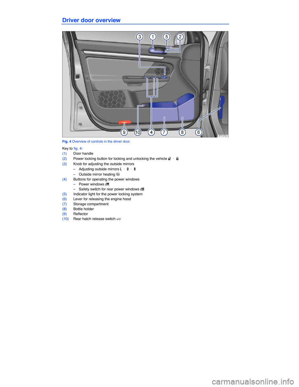 VOLKSWAGEN JETTA SPORTWAGEN 2014 1B / 6.G Owners Manual  
Driver door overview 
 
Fig. 4 Overview of controls in the driver door. 
Key to fig. 4: 
(1) Door handle  
(2) Power locking button for locking and unlocking the vehicle �0 – �1 
(3) Knob for adju