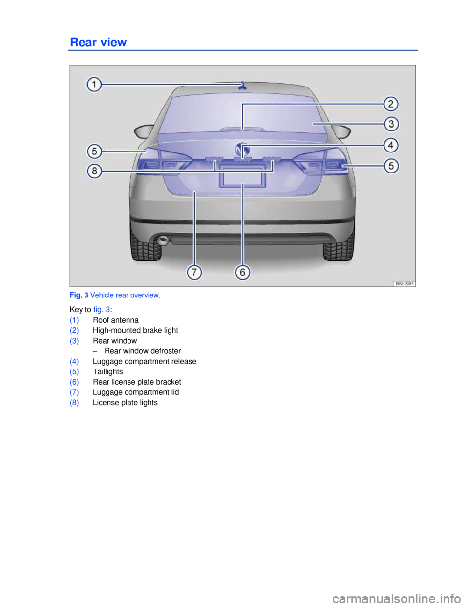 VOLKSWAGEN PASSAT 2013 B8 / 6.G Owners Manual  
Rear view 
 
Fig. 3 Vehicle rear overview. 
Key to fig. 3: 
(1) Roof antenna  
(2) High-mounted brake light 
(3) Rear window 
–  Rear window defroster  
(4) Luggage compartment release  
(5) Taill