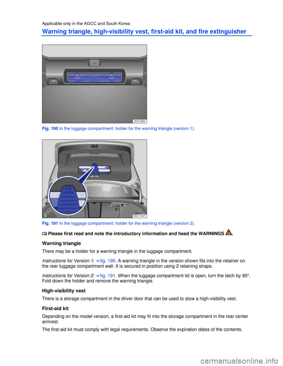 VOLKSWAGEN PASSAT 2013 B8 / 6.G Owners Manual  
Applicable only in the AGCC and South Korea 
Warning triangle, high-visibility vest, first-aid kit, and fire extinguisher 
 
Fig. 190 In the luggage compartment: holder for the warning triangle (ver