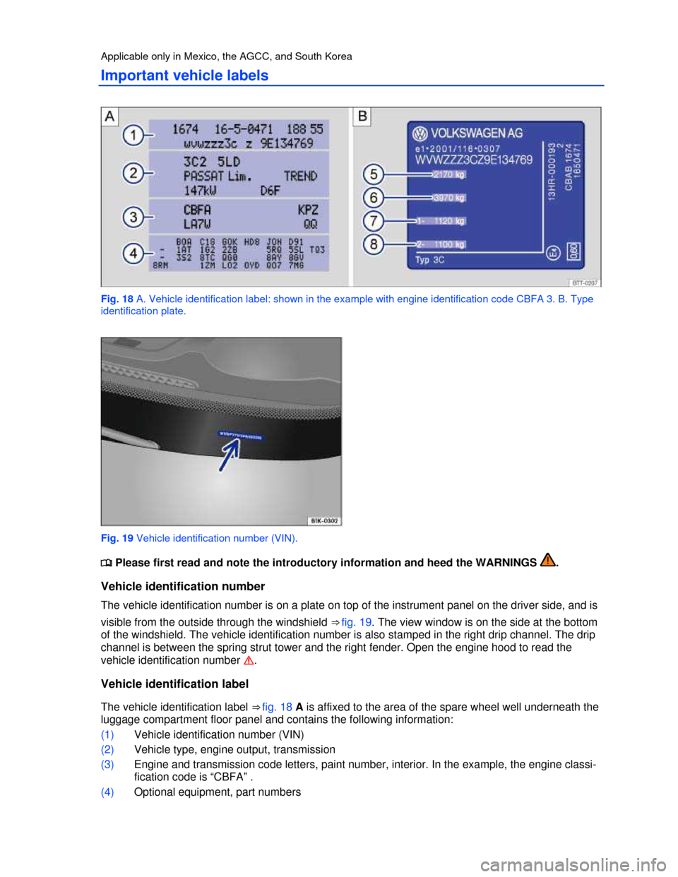 VOLKSWAGEN PASSAT 2013 B8 / 6.G Service Manual  
Applicable only in Mexico, the AGCC, and South Korea 
Important vehicle labels 
 
Fig. 18 A. Vehicle identification label: shown in the example with engine identification code CBFA 3. B. Type 
ident